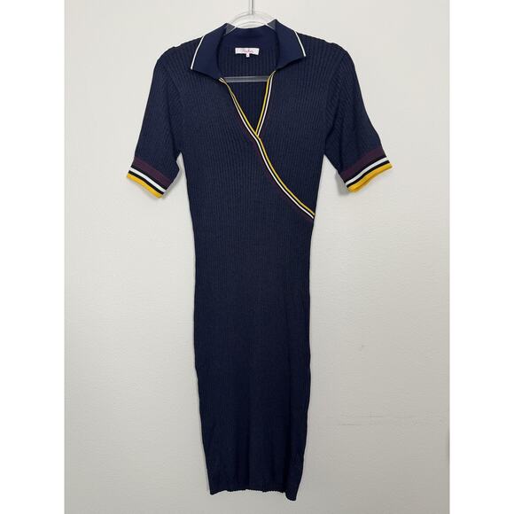 Parker Dress Navy Ribbed Knit Polo Collar Surplice Stripe Trim M - Picture 1 of 9